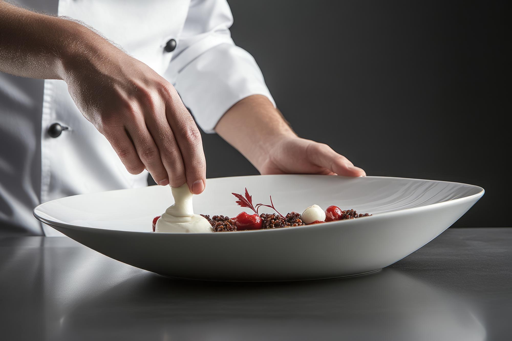 Chef preparing plated dish with modern tools